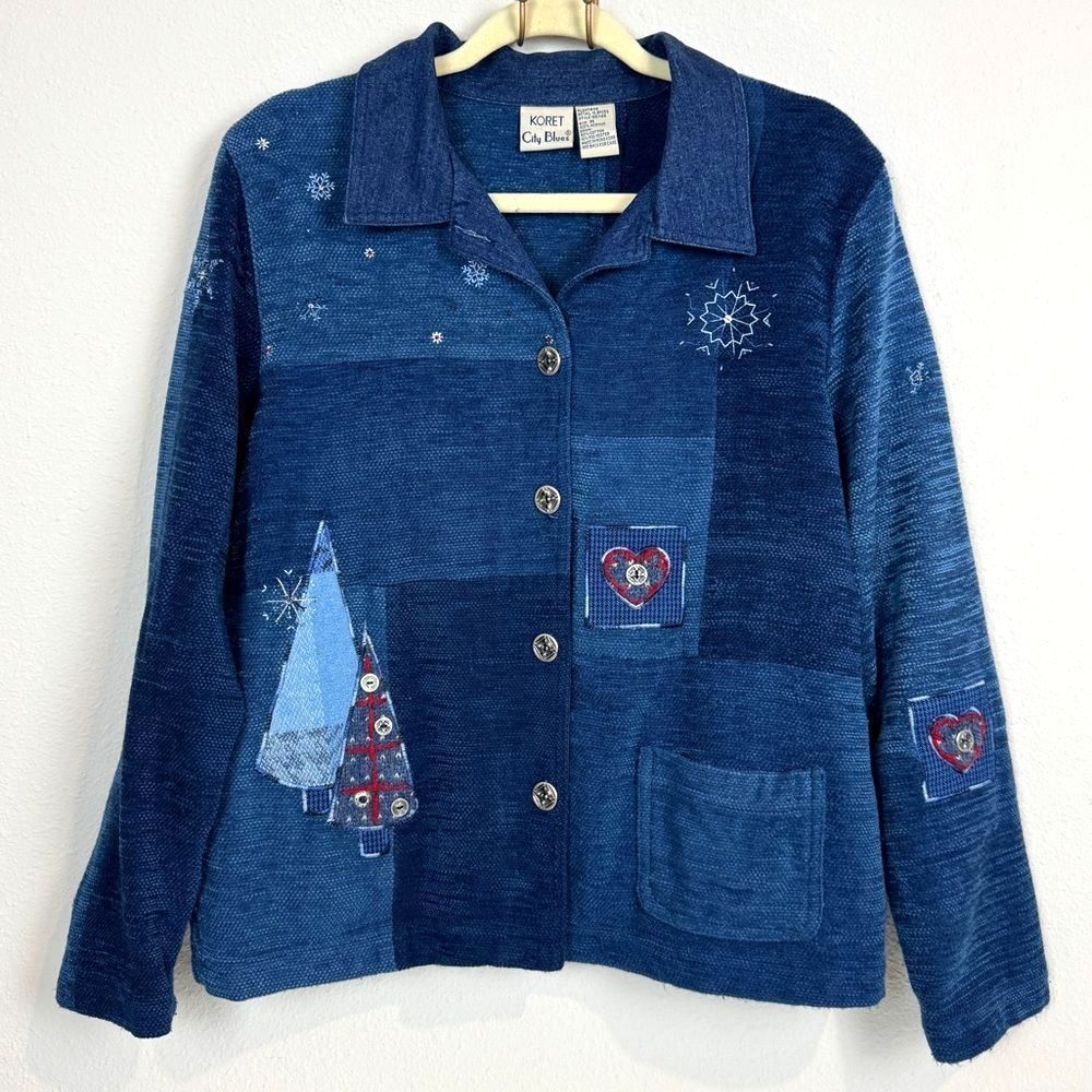 Vintage Koret City Blue Chenille Christmas Patchwork Embroidered Jacket M